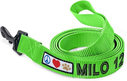 Pawtitas Personalized 6 ft Green Dog Leash XXS/Cat Custom Name and Phone Embroidery Strong Nylon Leash for Small Breeds