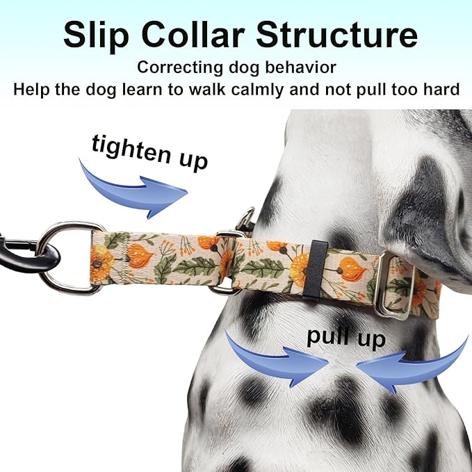 Martingale Collar for Dogs with Buckle Adjustable Nylon Slip No Pull Training Dog Collars (Beige Floral, Small)