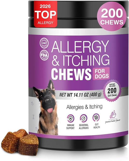 Dog Allergy Chews 200ct - Dog Allergy Itching Skin Relief Immune Support Anti Itch Probiotics for Yeast, Itchy Skin and Itchy Ears, Vitamins for Seasonal Allergies Itchy Skin Gut Health,Peanut Butter