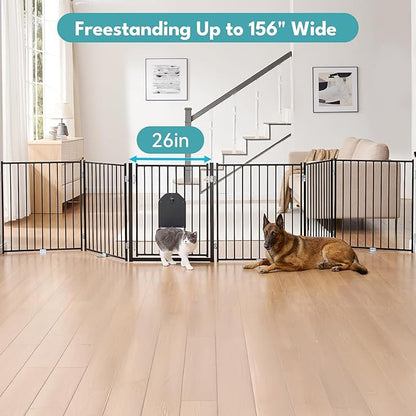 No Pawblems Dog Gate with Cat Door, Free Standing 30'' Tall Foldable Dog Fence for Indoor & Outdoor, Up to 156 Inch Extra Wide Puppy Gate for Stairs, Hallways, Doorways, Deck, Yard (Black, 6 Panels)