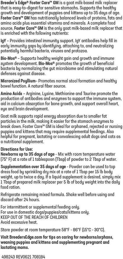 Breeder's Edge Foster Care GM - Goat Milk Based Powdered Milk Replacer - Puppies , Kittens , Cats & Dogs Formula - Easy Digestion - 1 lb