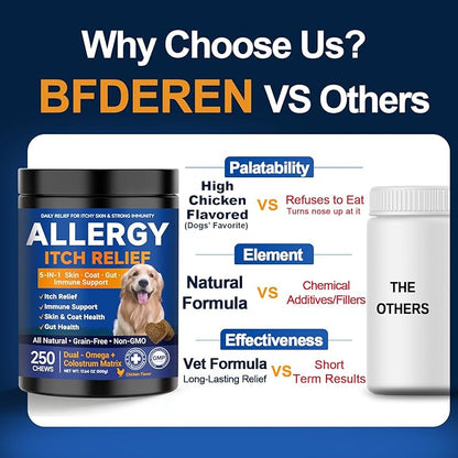 Dog Allergy Chews,is Omega 3 Human,Anti Itch Relief for Dogs Itching Skin Relief and Aller Immune Pet Multivitamin Allergy Chews Coat Licking Supplement Pills Meds Treats 250 Bites for Dogs