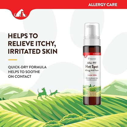 NaturVet Aller-911 Hot Spot Allergy Aid Foam Pet Supplement Plus Aloe Vera – Helps to Relieve Irritated, Itchy Skin for Cats, Dogs – Helps Deter Gnawing, Chewing – Quick Drying – 8 Oz.