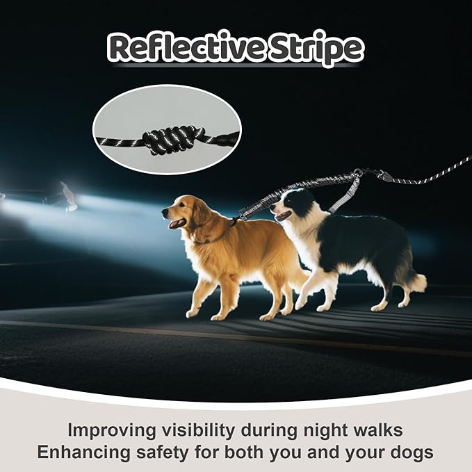 Double Dog Leash - 360°Swivel Tangle Free Splitter Attachment, 1 Rope with Handle, 2 Dogs Multi-Functional Leash, for Outdoor Walk Train Small Medium Large Two Pet, Grey
