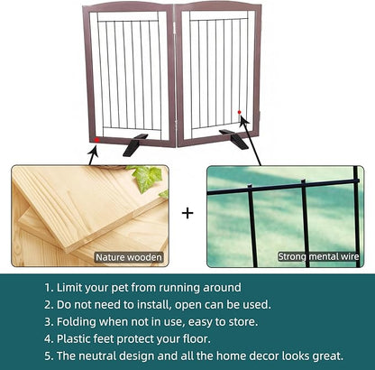 ZJSF Freestanding Dog Fence Indoor, Foldable Dog Gate for Doorways, Stairs or Hallways, Sturdy Wood Extra Wide Pet Gate with Support Feet for The House, Brown, 32 "Height-2 Panels