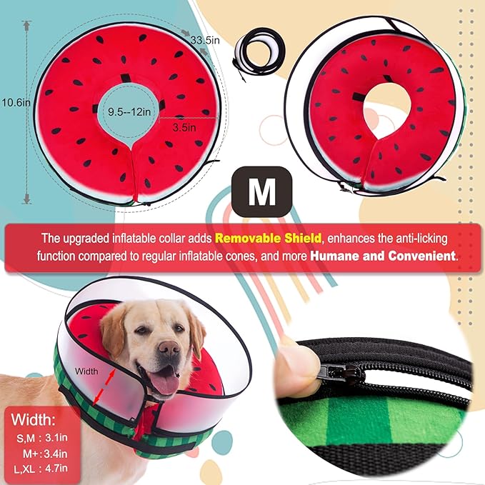 Inflatable Dog Cone Collar with Enhanced Anti-Licking, Soft Neck Donut for Dogs Cats, Recovery Pet Cone Collar After Surgery for Large Medium Small Dogs… (Watermelon, Medium)