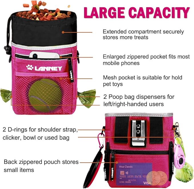 Dog Treat Pouch Pet Training Bag for Small to Large Dogs, Treat Tote Carry Kibble Snacks Toys for Training Reward Walking, Metal Clip, Waist belt, Shoulder Strap, Poop Bag Dispenser and Clicker