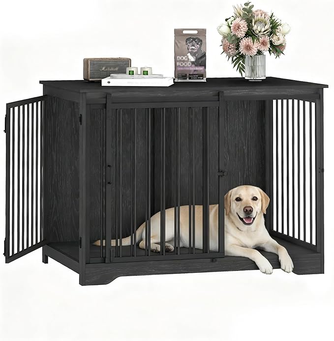Hzuaneri 43.3" Dog Crate Furniture with Barn Door, Heavy Duty Dog Kennel Indoor with 2 Doors, Wooden Pet Cage End Table for Large Small Medium Dogs, Anti-Chew Anti-Escape, Black DFC92304B
