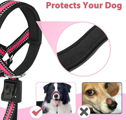 BARKLESS Soft Dog Head Collar, Patented Padded No Pull Head Halter, Training Nose Leash with Safety Link for Medium Large Dogs, Adjustable Muzzle Leash, Easy Control for Walking(Pink, M)