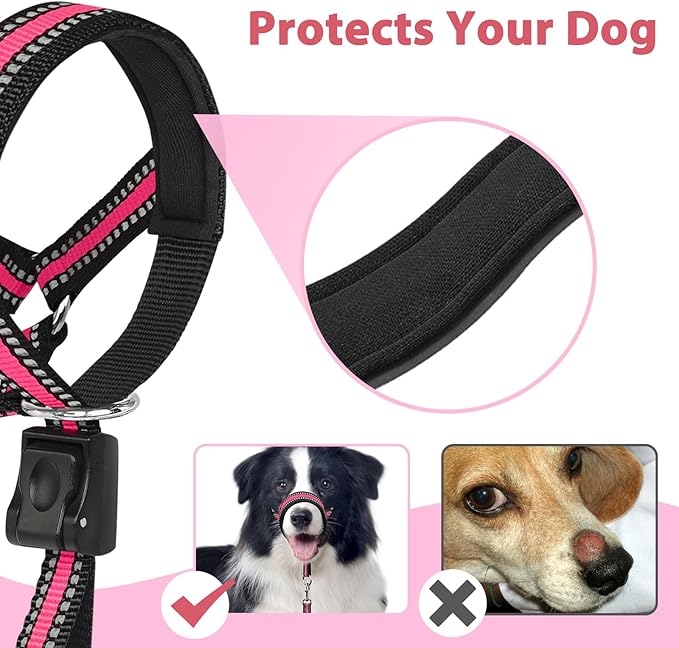BARKLESS Soft Dog Head Collar, Patented Padded No Pull Head Halter, Training Nose Leash with Safety Link for Medium Large Dogs, Adjustable Muzzle Leash, Easy Control for Walking(Pink, XL)