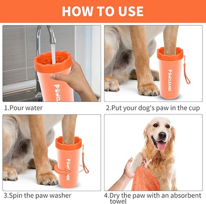 Professional 7 in 1 Dog Paw Cleaner for Dogs & Cats - Includes 1 Portable Paw Washer, 1 Bath Brush, 2 Dog Toothbrushes and 3 Absorbent Towels Note: Fits Paws 2.5 to 3.5 Inches Wide (Orange, Large)