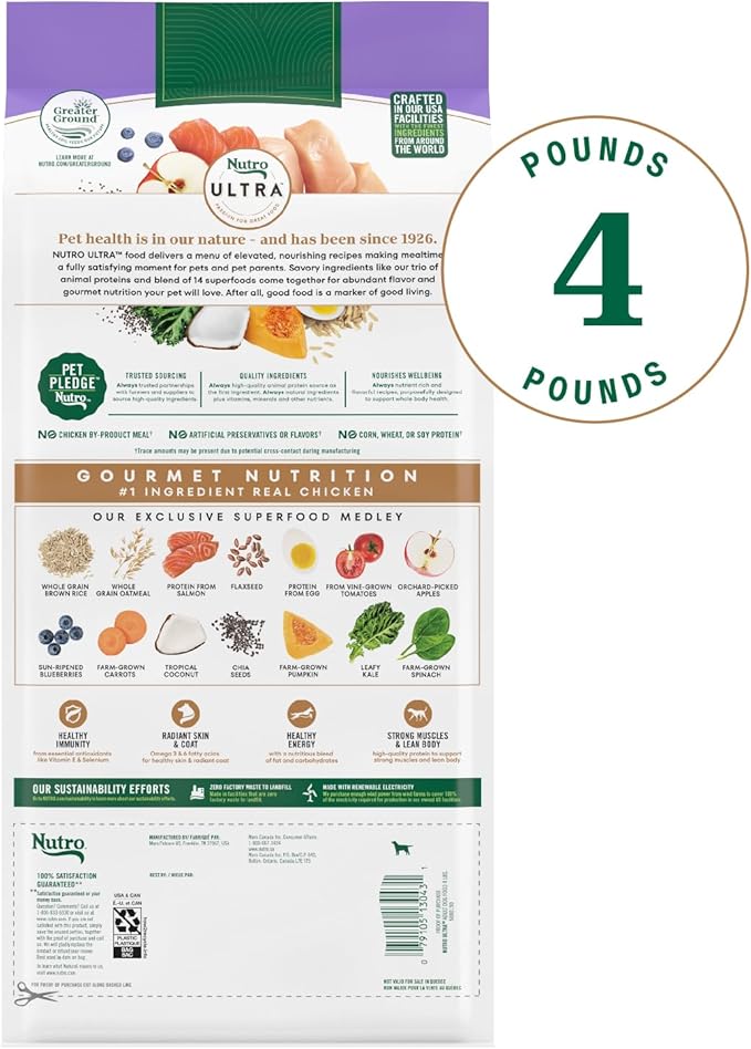 Nutro Ultra Dry Dog Food for Adult Dogs with a Trio of Proteins from Chicken, Lamb and Salmon, 4 lb. Bag