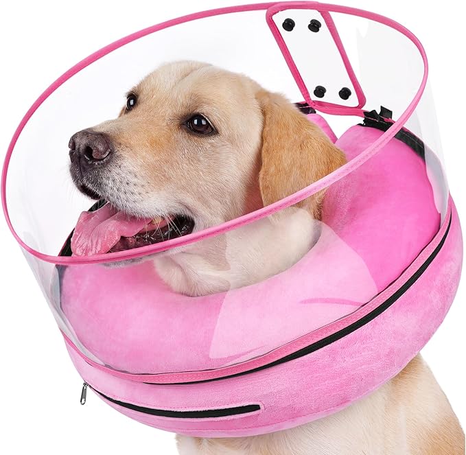 BARKLESS Inflatable Dog Cone, Protective Dog Surgery Collar to Stop Licking Biting Wounds, Patented Soft Donut Cone with Clear Shield, Adjustable Blow-up Collar for Surgery (Pink, XL (Neck: 18"-23"))