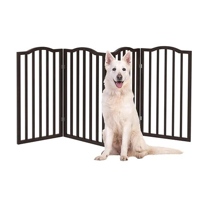 Indoor Pet Gate 4-Panel Foldable Dog Gate for Stairs Hallways or Doorways, Freestanding Wood & Metal Fence, Pet Barrier for Dogs, Cats, Puppies, Small-Medium Pets, 72 in Wide by PETMAKER (Brown)