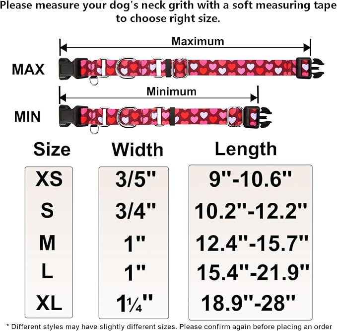 Pink Martingale Collar for Dogs with Buckle Adjustable Heart Valentines Dog Collars (Burgundy Love, Large)