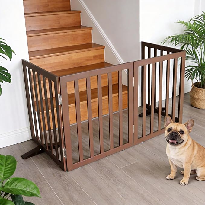 ZJSF Freestanding Indoor Dog Gate for House Foldable Wood Puppy Gate for Doorways Pet Gate for Stairs Extra Wide Pet Fence, Brown, 24" Height 6 Panels