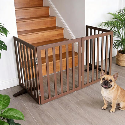ZJSF Freestanding Indoor Dog Gate for House Foldable Wood Puppy Gate for Doorways Pet Gate for Stairs Extra Wide Pet Fence, Brown, 24" Height 3 Panels