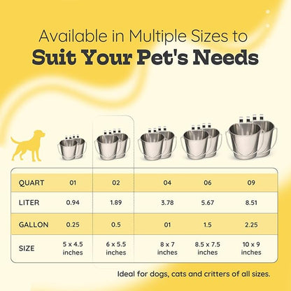 2 Quart Stainless Steel Flat Sided Bucket with Dual Hooks | 2 Pcs Durable Food & Water Bowl for Dog Cats Bird & Small Animals | Fits kennel Cage Crates Hanging Pet Pail | Multipurpose use