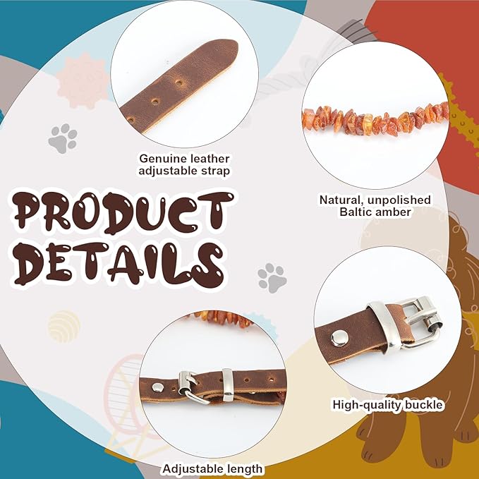 2 Pcs Natural Flea Amber Collar for Dogs with Adjustable Leather Strap 11.8-13.8 inch Flea Collar Handmade Raw Baltic Amber Beads for Pets