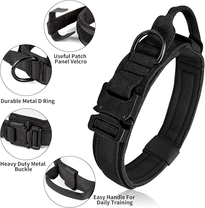 Tactical Military Dog Collar - Adjustable Heavy Duty Metal Buckle Nylon Collar with Control Handle for Small to Large Dogs (Black, L)