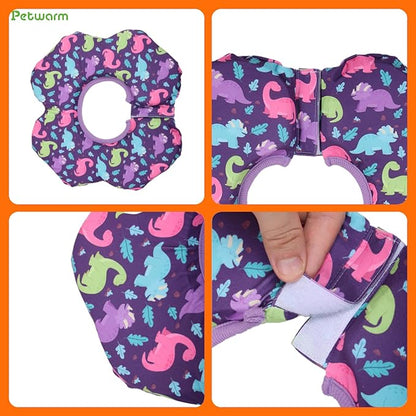 PetWarm Recovery Collar for Dogs, Dog Recovery Collar, Lightweight Pet Neck Protector with Memory Foam Padding, Gentle No-Lick Flower Design for Calm Rest and Travel, Dinosaur Print, Purple, L
