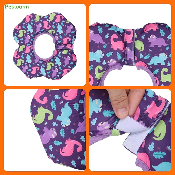 PetWarm Recovery Collar for Dogs, Dog Recovery Collar, Lightweight Pet Neck Protector with Memory Foam Padding, Gentle No-Lick Flower Design for Calm Rest and Travel, Dinosaur Print, Purple, S