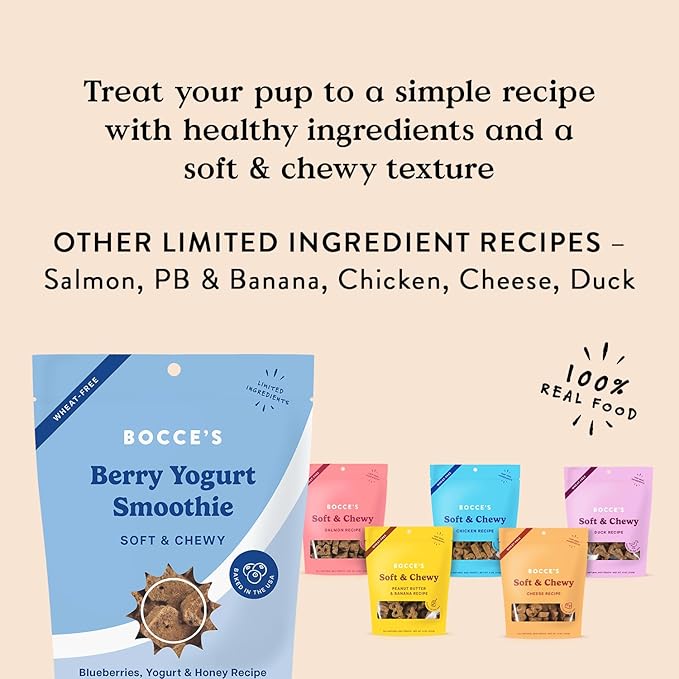 Bocce's Bakery Berry Smoothie Wellness Treats for Dogs, Wheat-Free Everyday Dog Treats, Made with Real Ingredients, Baked in The USA, Natural Soft & Chewy Cookies, 6 oz