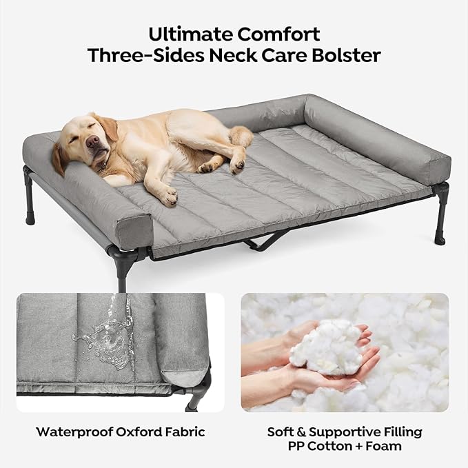 Veehoo Cooling Elevated Dog Bed Add Removable Waterproof Bolster Cushion Mat, Raised Pet Cot with Breathable Teslin Mesh, No-Slip Feet, Dog Couch Bed for Indoor Outdoor, 53 inches, Grey