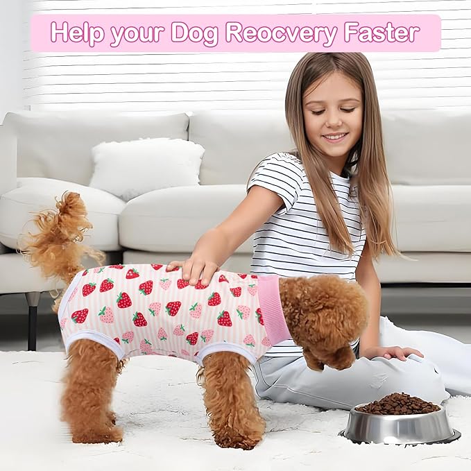Coppthinktu Recovery Suit for Dogs After Surgery, Dog Onesie Surgery Recovery Suit for Female Spay, Soft Surgical Pajamas Bodysuits for Puppy to Prevent Licking Dog Cone Alternative Strawber M