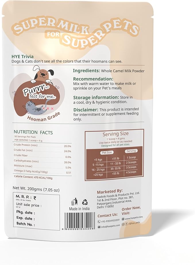 HYE Pets Full Fat Camel Milk Powder for Dogs & Cats, Support Body Growth and Maintain Blood Glucose, 7.05 Oz