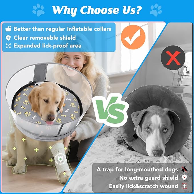 Inflatable Dog Cone with Anti-Licking Clear Shield, Protective Dog Donut Collar After Surgery, Adjustable Soft Recovery Cone for Pets, Alternative Collar with Buckle Strap (Grey Paw, M)