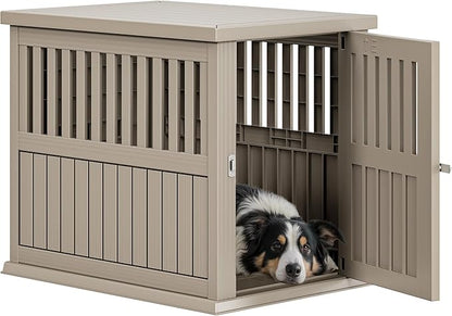 YITAHOME Plastic Dog Crate, Furniture-Style Nightstand & Side Table, Waterproof Indoor Kennel for Small to Medium Dogs, Brown