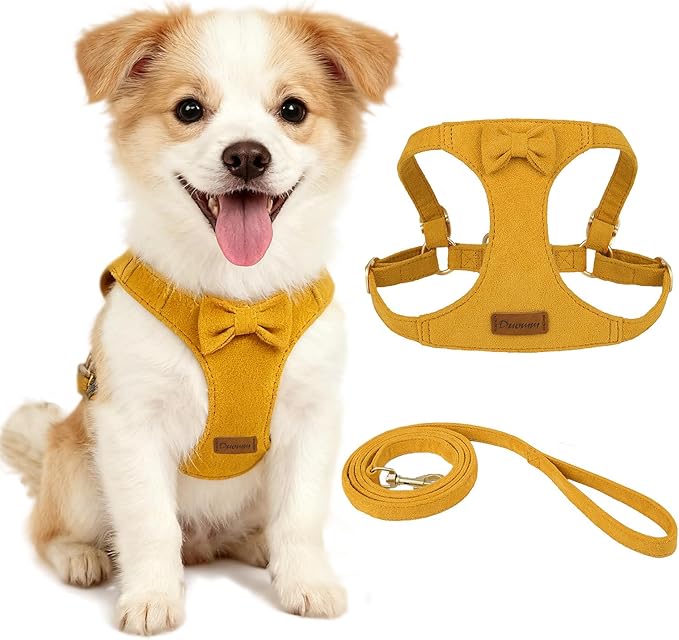 Cute Small Dog Harness and Leash Puppy Set with Bowtie,Step in Dog Harnesses,Soft Adjustable Cat & Dog Vest,Harness for Small Cats & Dogs Walks and Parties(Yellow,S:Weight 8.8-17.6lb)