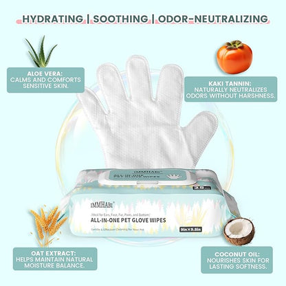 IMMHABI 50 Pcs Cleaning Deodorizing Pet Glove Wipes for Dogs & Cats, Hypoallergenic Dog Bath Wipes with Natural Deodorizer Persimmon Tannin, Pet Bathing Wipes for Horse Coat Care Unscented