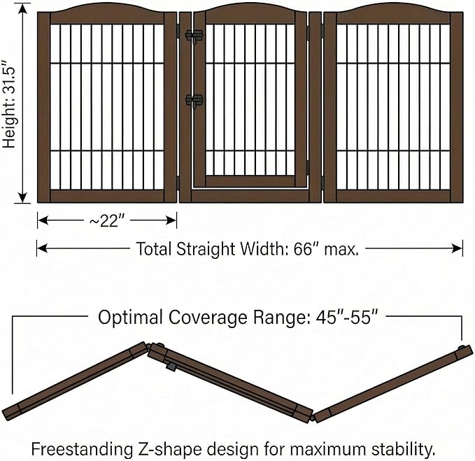 unipaws 31.5 Inch Height Pet Gate with Wood and Wire, 66 Inch Wide Freestanding Walk Through Dog Gate, Foldable Stairs Barrier for Dogs Cats