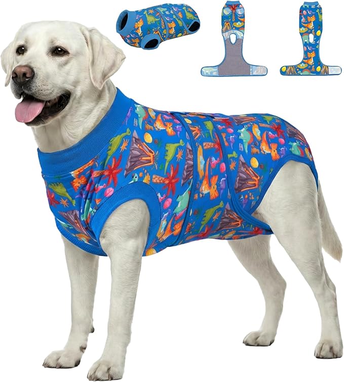 PetWarm Dog Recovery Suit, Surgery Suit for Dogs, Onesie for Dogs, Anti-Licking Dog Surgical Recovery Pajamas, Bodysuit for Abdominal Affected Areas Sensitive Skin Areas, Zoo Pattern, Blue, XL