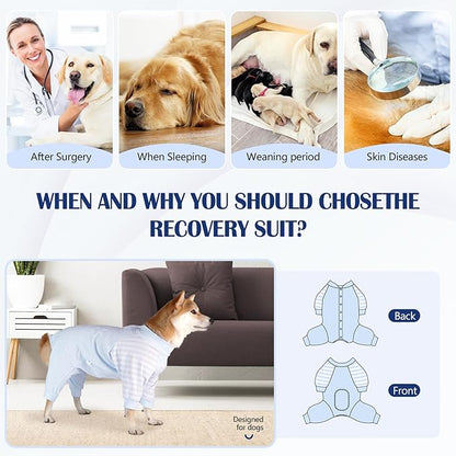 Dog Recovery Suit, Abdominal Wound After Surgery Wear, Anti Licking Bodysuit with Snaps, E-Collar & Cone Alternatives, Long Sleeve Dog Spay Surgical Onesie Prevent Shedding(3XL, Blue)