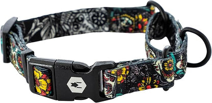 Wolfgang Heavy Duty Martingale Dog Collar with Quick Release Nylon Buckle for Walking & Training, LosMuertos Print, Small