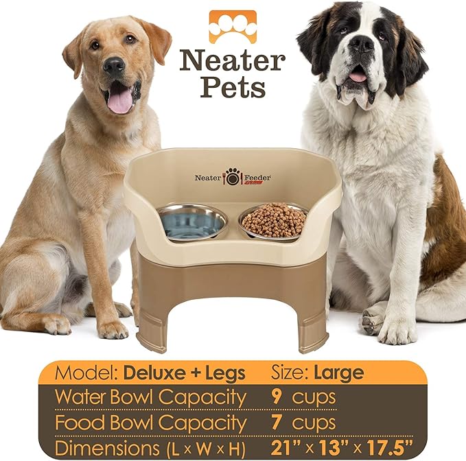 Neater Feeder Deluxe Mess-Proof Elevated Dog Bowls for Large Dogs (40+ lbs), 2 Height Adjustable (14.5” & 17.5”) No-Spill Raised Dog Bowl Stand, Stainless Steel Food Bowl Set, Made in USA, Cappuccino