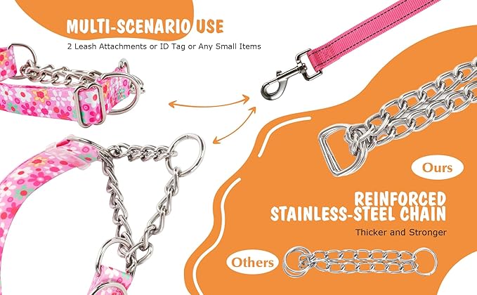 Martingale Dog Collar with Steel Chain- No Pull Escape-Proof Training Choker for Medium, Large & XL Dogs | Heavy Duty Anti-Slip Cinch Collar for Large Breed Pets, Pink (Size M)