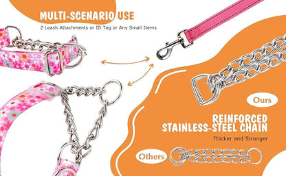 Martingale Dog Collar with Steel Chain- No Pull Escape-Proof Training Choker for Medium, Large & XL Dogs | Heavy Duty Anti-Slip Cinch Collar for Large Breed Pets, Pink (Size M)