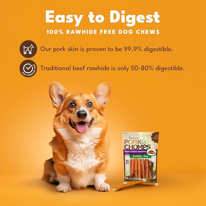 Pork Chomps Baked Pork Skin Dog Chews, 5 Inch Mini Twists, 12 Count - Sweet Potato Wrap - Long-Lasting Treats for Dogs - High Protein, Rawhide-Free, Low Fat, Healthy & Delicious Chews