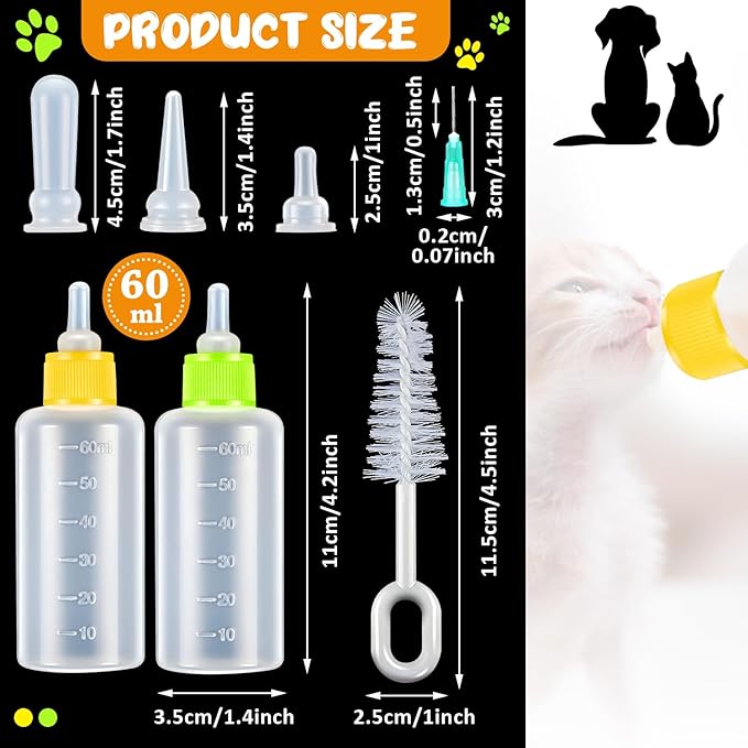 Tondiamo 17 Pcs Kitten Bottle Feeding Kit Puppy Bottles for Nursing Puppy Milk, Replacement Nipples Cleaning Brushes Bottle Opening Needles for Newborn Pet Cat Dog Rabbit Goat, Yellow, Green
