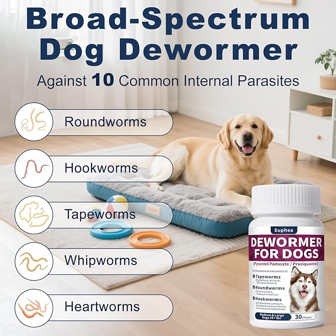 7-Way Dewormer for Dogs, Wormer for Tapeworms, Roundworms & Hookworms in Medium Dogs & Puppies (Over 25 lbs), with Praziquantel & Pyrantel Pamoate, 30 Tablets