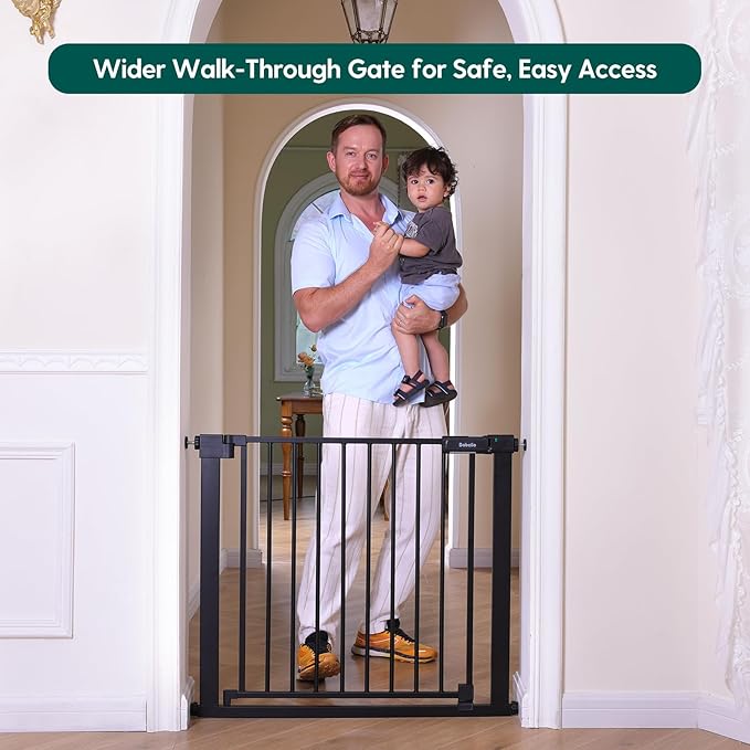 Babelio Baby Gate for Doorways and Stairs, 36-41" Pet Gate with Wide Walk Thru Door and Lock Indicator, No Drill Pressure Mounted Safety Gate with Double Lock and Self-Closing, Black