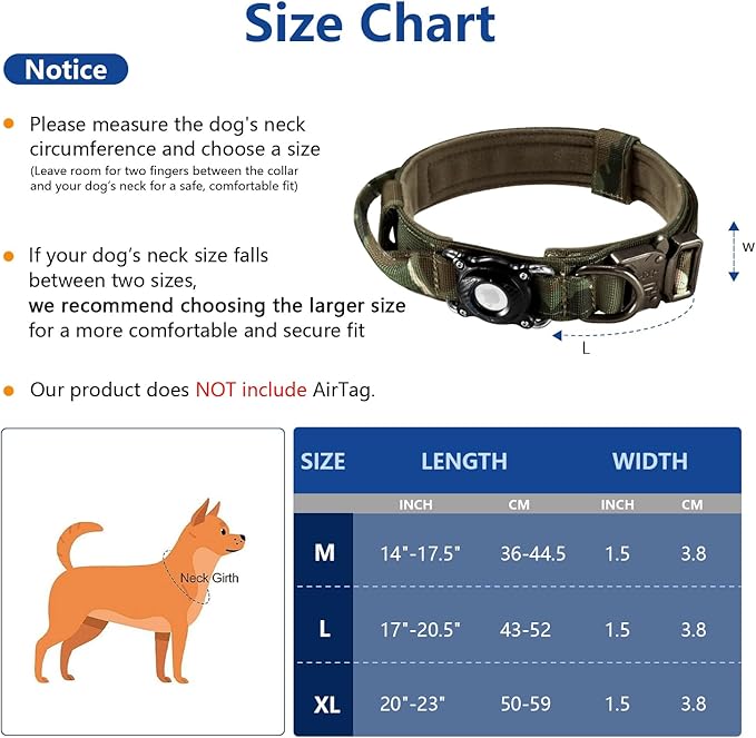 Tactical AirTag Dog Collar Waterproof with QR Code ID Tag, Military Training Dog Collar with Built-in AirTag Holder, Metal Buckle & Handle, GPS Tracking Collar for Medium to Large Dogs (Camo, L)