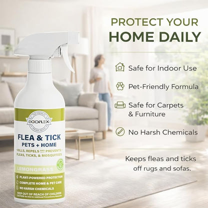 Flea Spray for Home & Pets - Flea and Tick Prevention for Dogs - Plant Based Repellent with Natural Essential Oils for Dog Flea Treatment Protection - Lemongrass Scent - 16 Fl Oz
