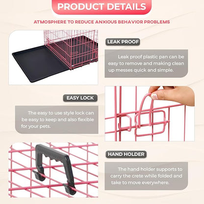 FDW Dog Crate for Medium Dogs 30 Inch Folding Metal WirePet Cage Double Door W/Divider Panel Indoor Outdoor Kennel Leak-Proof Plastic Tray,Pink