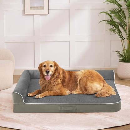 Dog Bed Large Sized Dogs, XXL Orthopedic Dog Bed for Large Dogs, Waterproof Pet Bed with Washable Removable Cover, L-Shaped Pet Couch with Portable Handle 48"x35"x7.5", Olive Green