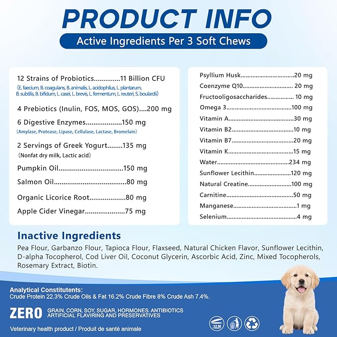Probiotics for Dogs Dog Probiotic Chews for Yeast Gut Digestive & Immune Health, Itch Relief Ears Skin & Coat with 11Billion CFU Probiotics, 6 Enzymes& 4 Prebiotics, Pumpkin, Omegas & Vitamins,110ct